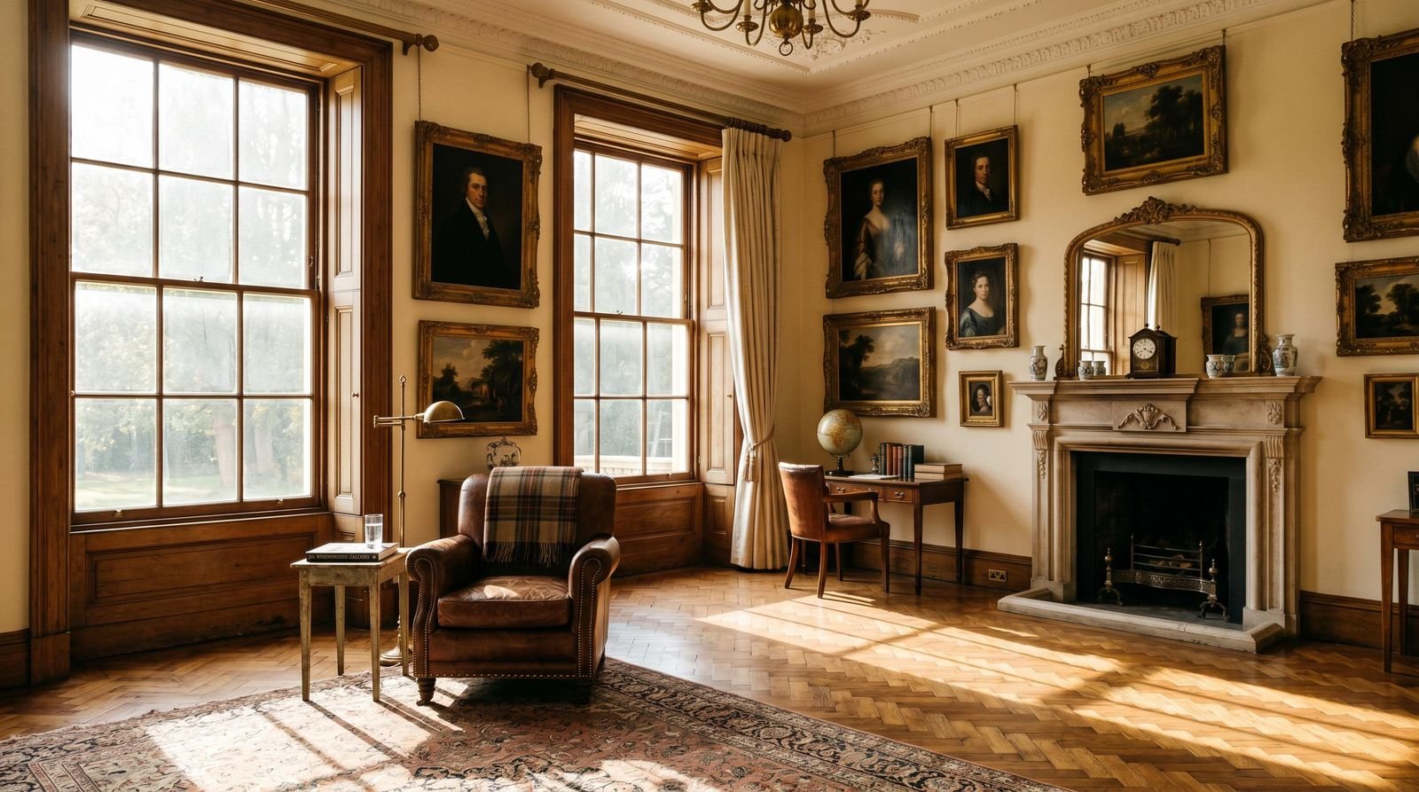 An English drawing room, leather chairs, picture wall, late afternoon light