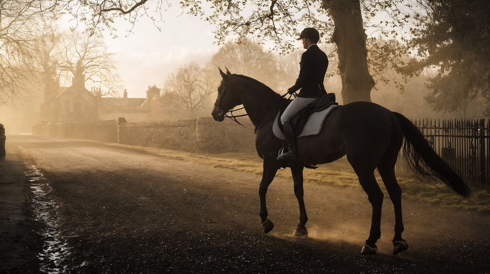 An equestrian estate at golden hour, a long avenue, horses and outbuildings, the kind of property that is not for sale.