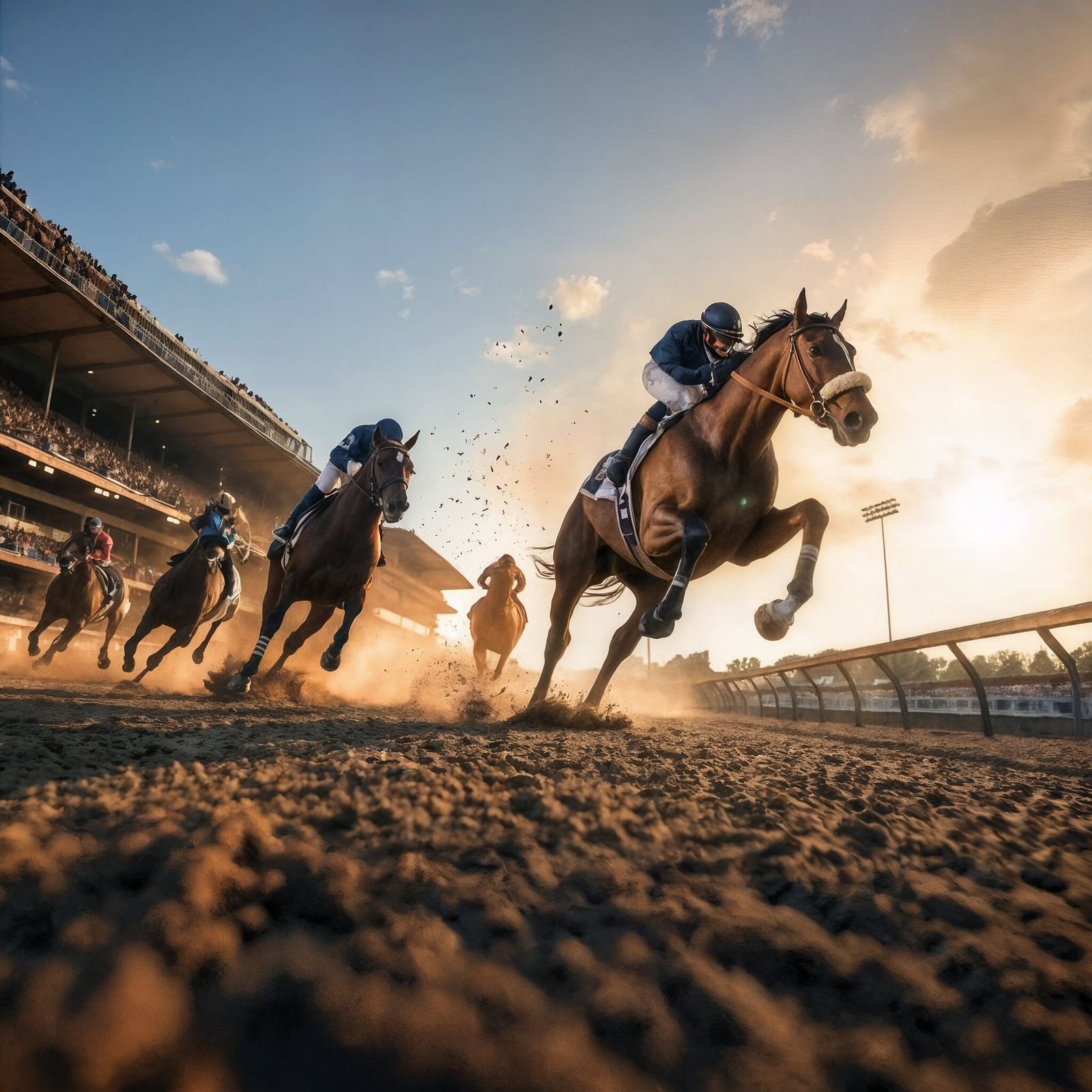 A pack of thoroughbreds rounding the home stretch at golden hour, lead horse with jockey in blue silks airborne mid-stride, grandstand at left, dust kicking up from the track.